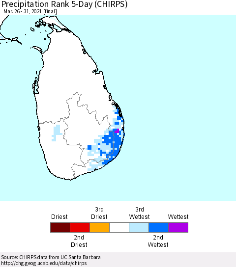 Sri Lanka Precipitation Rank since 1981, 5-Day (CHIRPS) Thematic Map For 3/26/2021 - 3/31/2021