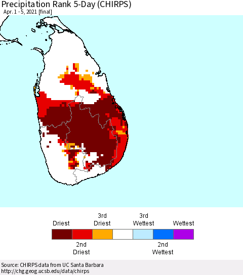 Sri Lanka Precipitation Rank since 1981, 5-Day (CHIRPS) Thematic Map For 4/1/2021 - 4/5/2021