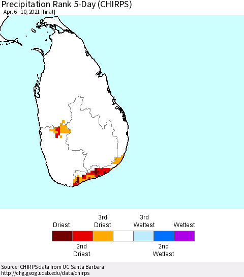 Sri Lanka Precipitation Rank 5-Day (CHIRPS) Thematic Map For 4/6/2021 - 4/10/2021