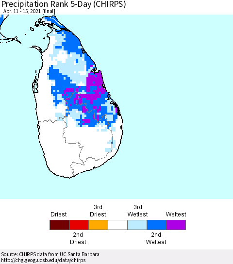 Sri Lanka Precipitation Rank since 1981, 5-Day (CHIRPS) Thematic Map For 4/11/2021 - 4/15/2021