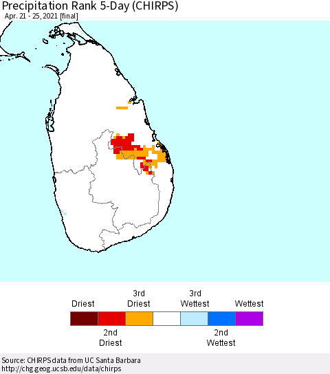 Sri Lanka Precipitation Rank since 1981, 5-Day (CHIRPS) Thematic Map For 4/21/2021 - 4/25/2021
