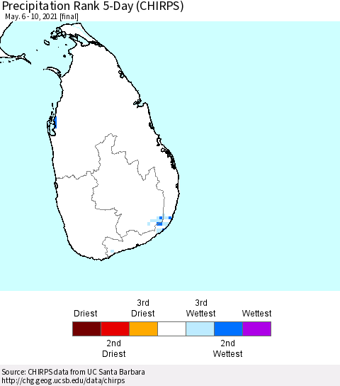 Sri Lanka Precipitation Rank since 1981, 5-Day (CHIRPS) Thematic Map For 5/6/2021 - 5/10/2021