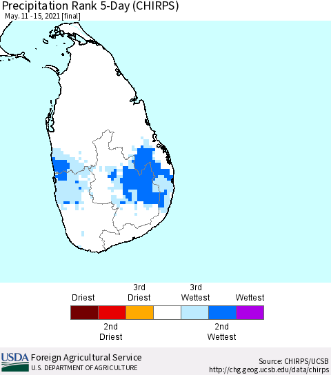 Sri Lanka Precipitation Rank since 1981, 5-Day (CHIRPS) Thematic Map For 5/11/2021 - 5/15/2021