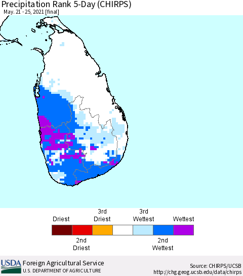 Sri Lanka Precipitation Rank since 1981, 5-Day (CHIRPS) Thematic Map For 5/21/2021 - 5/25/2021