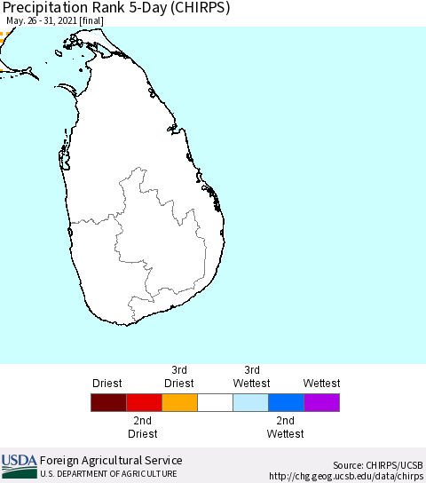 Sri Lanka Precipitation Rank 5-Day (CHIRPS) Thematic Map For 5/26/2021 - 5/31/2021