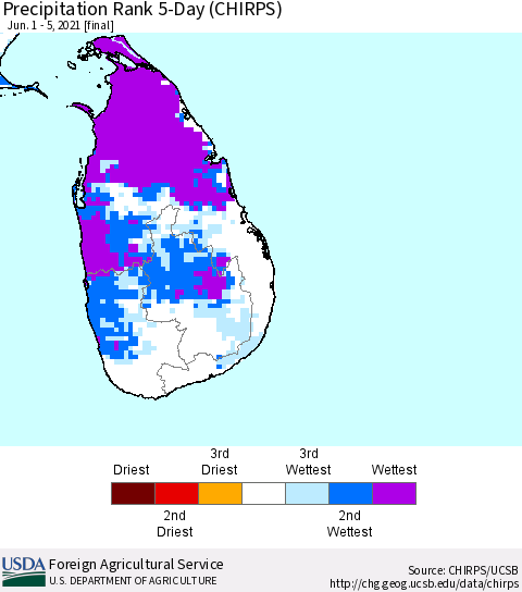 Sri Lanka Precipitation Rank since 1981, 5-Day (CHIRPS) Thematic Map For 6/1/2021 - 6/5/2021