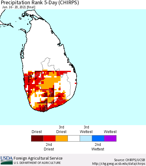 Sri Lanka Precipitation Rank since 1981, 5-Day (CHIRPS) Thematic Map For 6/16/2021 - 6/20/2021