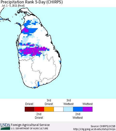 Sri Lanka Precipitation Rank since 1981, 5-Day (CHIRPS) Thematic Map For 7/1/2021 - 7/5/2021