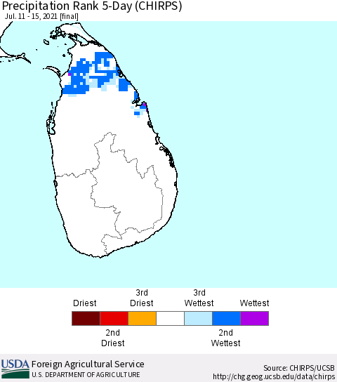 Sri Lanka Precipitation Rank since 1981, 5-Day (CHIRPS) Thematic Map For 7/11/2021 - 7/15/2021