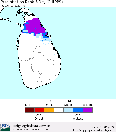 Sri Lanka Precipitation Rank since 1981, 5-Day (CHIRPS) Thematic Map For 7/16/2021 - 7/20/2021