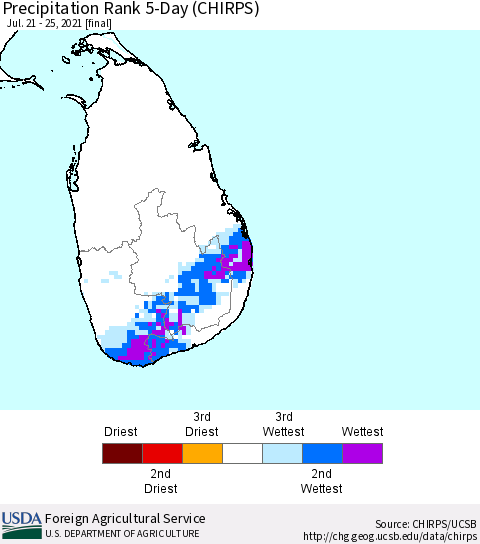 Sri Lanka Precipitation Rank since 1981, 5-Day (CHIRPS) Thematic Map For 7/21/2021 - 7/25/2021