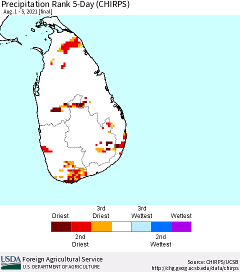 Sri Lanka Precipitation Rank since 1981, 5-Day (CHIRPS) Thematic Map For 8/1/2021 - 8/5/2021
