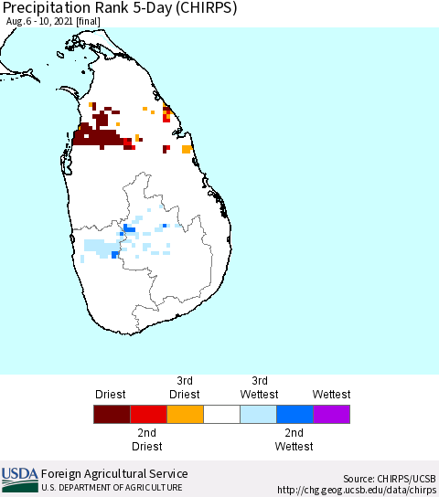 Sri Lanka Precipitation Rank since 1981, 5-Day (CHIRPS) Thematic Map For 8/6/2021 - 8/10/2021