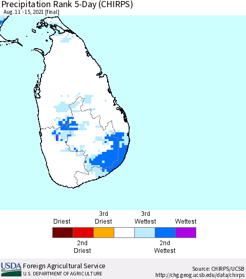 Sri Lanka Precipitation Rank since 1981, 5-Day (CHIRPS) Thematic Map For 8/11/2021 - 8/15/2021