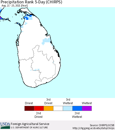 Sri Lanka Precipitation Rank since 1981, 5-Day (CHIRPS) Thematic Map For 8/21/2021 - 8/25/2021