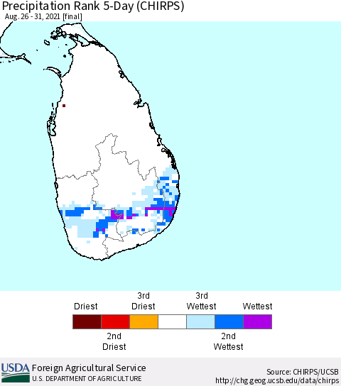 Sri Lanka Precipitation Rank since 1981, 5-Day (CHIRPS) Thematic Map For 8/26/2021 - 8/31/2021