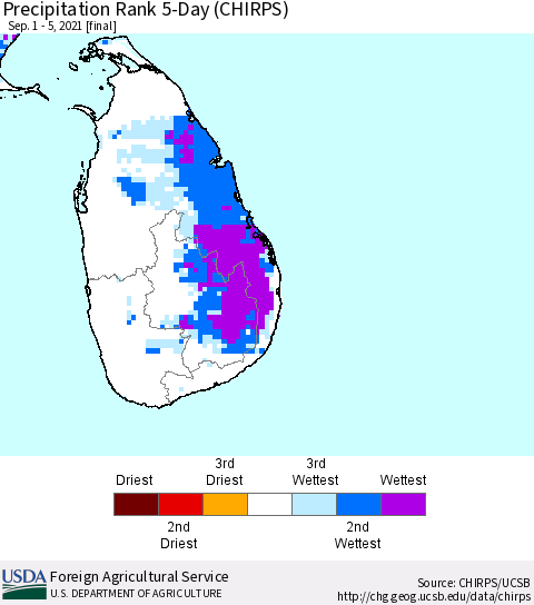 Sri Lanka Precipitation Rank since 1981, 5-Day (CHIRPS) Thematic Map For 9/1/2021 - 9/5/2021