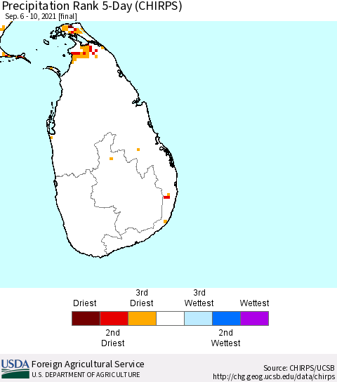 Sri Lanka Precipitation Rank since 1981, 5-Day (CHIRPS) Thematic Map For 9/6/2021 - 9/10/2021