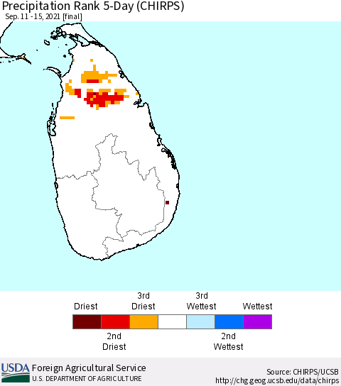 Sri Lanka Precipitation Rank since 1981, 5-Day (CHIRPS) Thematic Map For 9/11/2021 - 9/15/2021