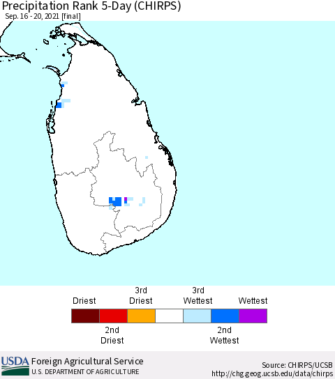 Sri Lanka Precipitation Rank since 1981, 5-Day (CHIRPS) Thematic Map For 9/16/2021 - 9/20/2021