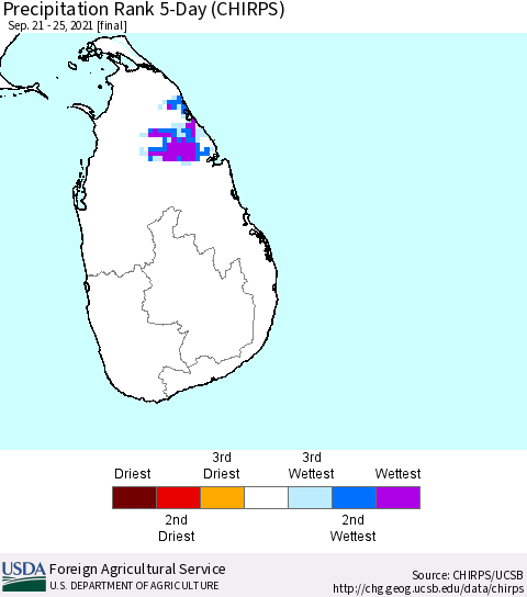 Sri Lanka Precipitation Rank since 1981, 5-Day (CHIRPS) Thematic Map For 9/21/2021 - 9/25/2021