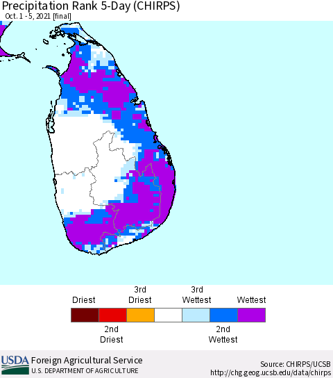 Sri Lanka Precipitation Rank since 1981, 5-Day (CHIRPS) Thematic Map For 10/1/2021 - 10/5/2021