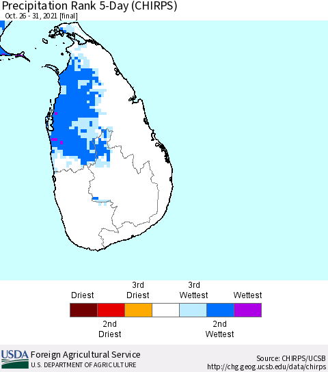Sri Lanka Precipitation Rank since 1981, 5-Day (CHIRPS) Thematic Map For 10/26/2021 - 10/31/2021