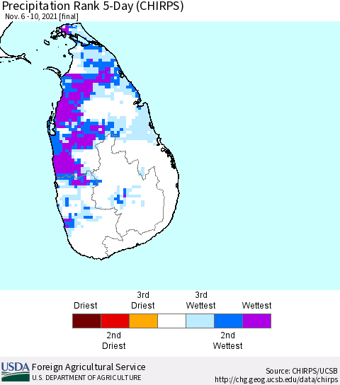 Sri Lanka Precipitation Rank since 1981, 5-Day (CHIRPS) Thematic Map For 11/6/2021 - 11/10/2021