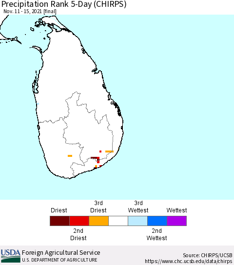 Sri Lanka Precipitation Rank since 1981, 5-Day (CHIRPS) Thematic Map For 11/11/2021 - 11/15/2021