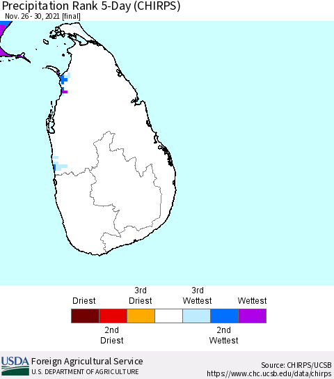 Sri Lanka Precipitation Rank since 1981, 5-Day (CHIRPS) Thematic Map For 11/26/2021 - 11/30/2021