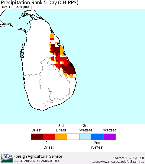 Sri Lanka Precipitation Rank since 1981, 5-Day (CHIRPS) Thematic Map For 12/1/2021 - 12/5/2021