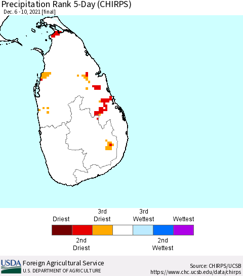 Sri Lanka Precipitation Rank since 1981, 5-Day (CHIRPS) Thematic Map For 12/6/2021 - 12/10/2021