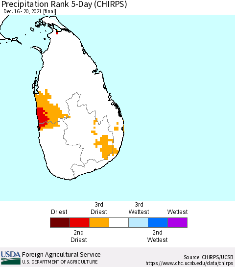 Sri Lanka Precipitation Rank since 1981, 5-Day (CHIRPS) Thematic Map For 12/16/2021 - 12/20/2021