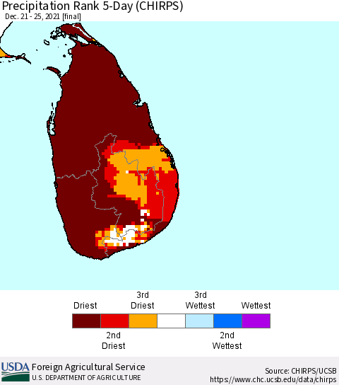 Sri Lanka Precipitation Rank since 1981, 5-Day (CHIRPS) Thematic Map For 12/21/2021 - 12/25/2021