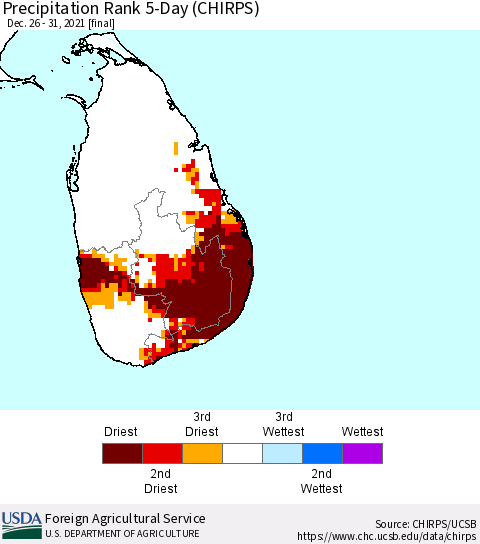Sri Lanka Precipitation Rank since 1981, 5-Day (CHIRPS) Thematic Map For 12/26/2021 - 12/31/2021