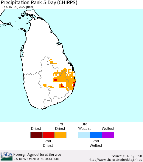 Sri Lanka Precipitation Rank since 1981, 5-Day (CHIRPS) Thematic Map For 1/16/2022 - 1/20/2022