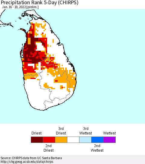 Sri Lanka Precipitation Rank 5-Day (CHIRPS) Thematic Map For 1/16/2022 - 1/20/2022