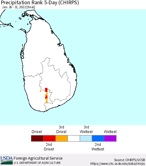 Sri Lanka Precipitation Rank since 1981, 5-Day (CHIRPS) Thematic Map For 1/26/2022 - 1/31/2022