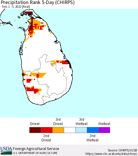 Sri Lanka Precipitation Rank since 1981, 5-Day (CHIRPS) Thematic Map For 2/1/2022 - 2/5/2022