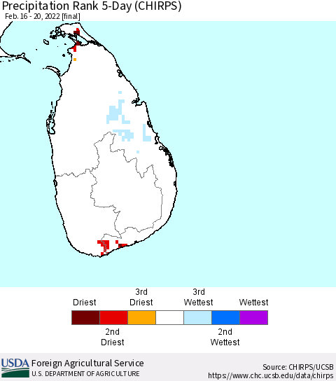 Sri Lanka Precipitation Rank since 1981, 5-Day (CHIRPS) Thematic Map For 2/16/2022 - 2/20/2022