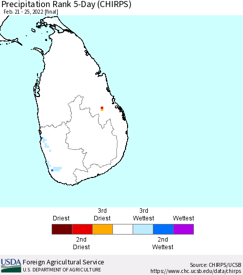 Sri Lanka Precipitation Rank 5-Day (CHIRPS) Thematic Map For 2/21/2022 - 2/25/2022