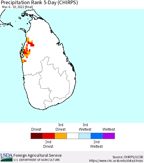 Sri Lanka Precipitation Rank since 1981, 5-Day (CHIRPS) Thematic Map For 3/6/2022 - 3/10/2022
