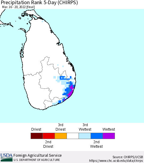 Sri Lanka Precipitation Rank since 1981, 5-Day (CHIRPS) Thematic Map For 3/16/2022 - 3/20/2022