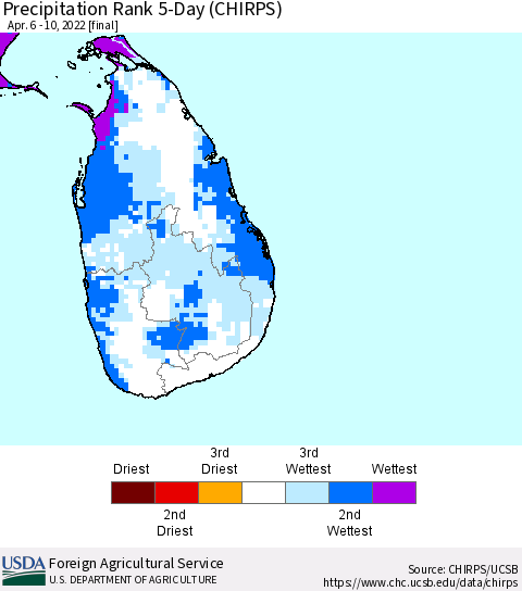 Sri Lanka Precipitation Rank since 1981, 5-Day (CHIRPS) Thematic Map For 4/6/2022 - 4/10/2022