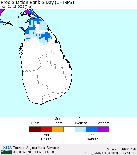 Sri Lanka Precipitation Rank since 1981, 5-Day (CHIRPS) Thematic Map For 4/11/2022 - 4/15/2022