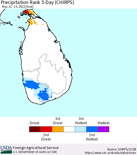 Sri Lanka Precipitation Rank since 1981, 5-Day (CHIRPS) Thematic Map For 5/11/2022 - 5/15/2022