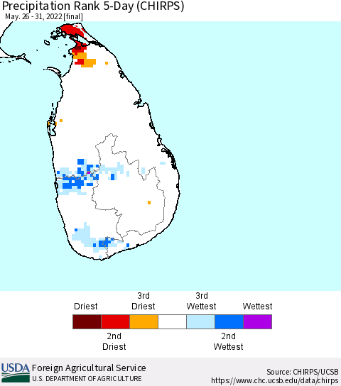 Sri Lanka Precipitation Rank since 1981, 5-Day (CHIRPS) Thematic Map For 5/26/2022 - 5/31/2022