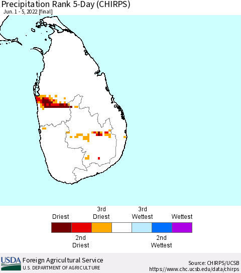 Sri Lanka Precipitation Rank since 1981, 5-Day (CHIRPS) Thematic Map For 6/1/2022 - 6/5/2022