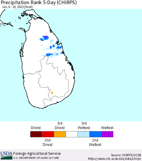 Sri Lanka Precipitation Rank since 1981, 5-Day (CHIRPS) Thematic Map For 6/6/2022 - 6/10/2022