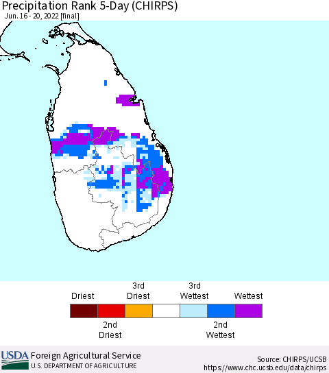 Sri Lanka Precipitation Rank since 1981, 5-Day (CHIRPS) Thematic Map For 6/16/2022 - 6/20/2022